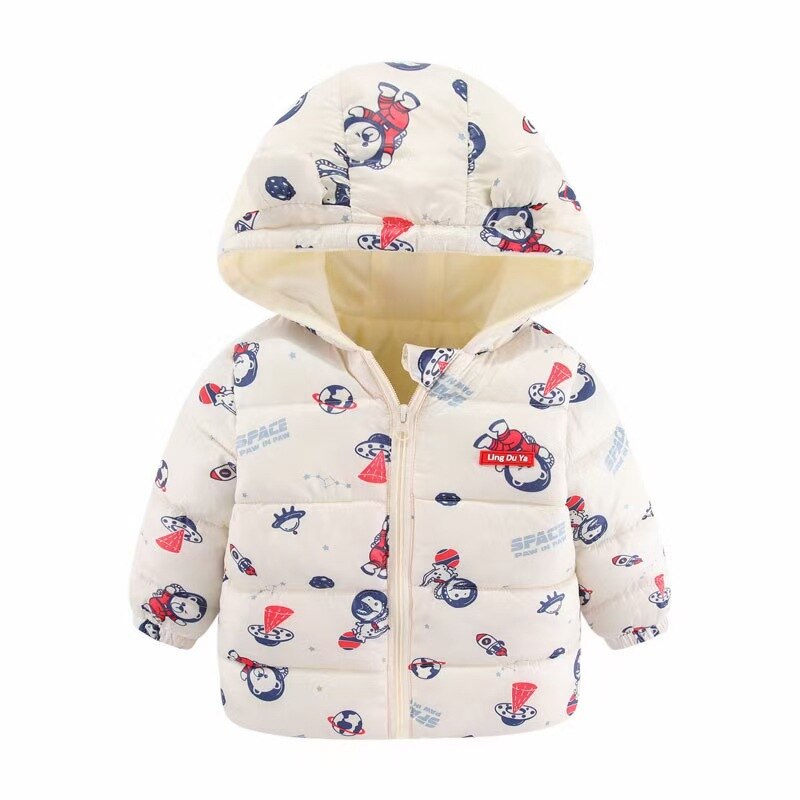 Group of Kids' Space Toon hooded parka jackets in assorted colors: pink, blue, yellow, red, white
