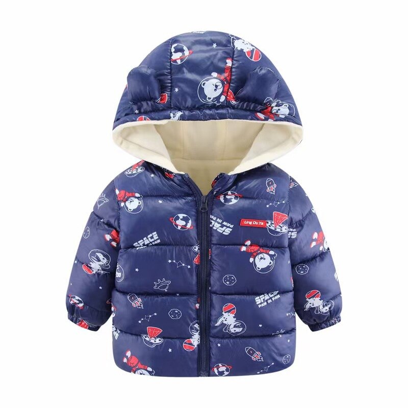Kids' Space Toon hooded parka jacket, cartoon-themed winter jacket for children, vibrant and warm