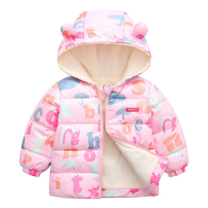 Yellow Kids' Space Toon hooded parka jacket, vibrant cartoon design, cozy children's outerwear