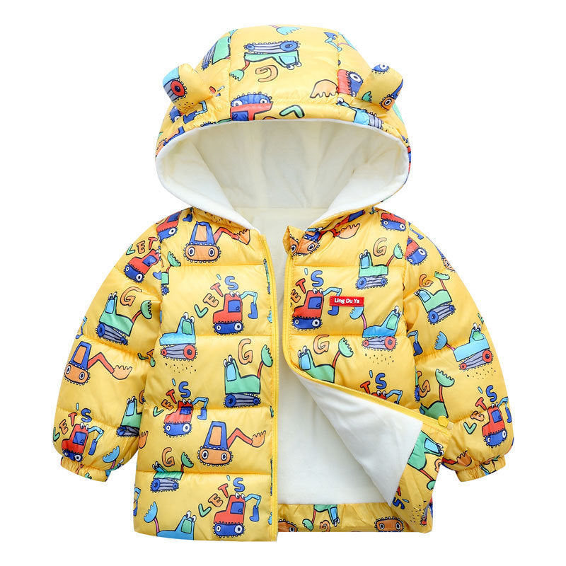White Kids' Space Toon hooded parka jacket, cartoon space theme, perfect kids fashion outerwear