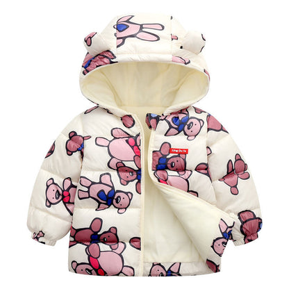 Kids' Space Toon hooded parka jacket in pink, close-up of cartoon design & cozy hood, toddler coat