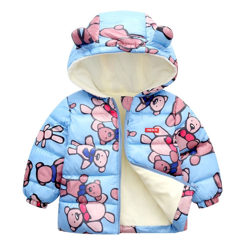 Blue Space Toon kids' hooded parka jacket, back view showing cartoon print and durable fabric