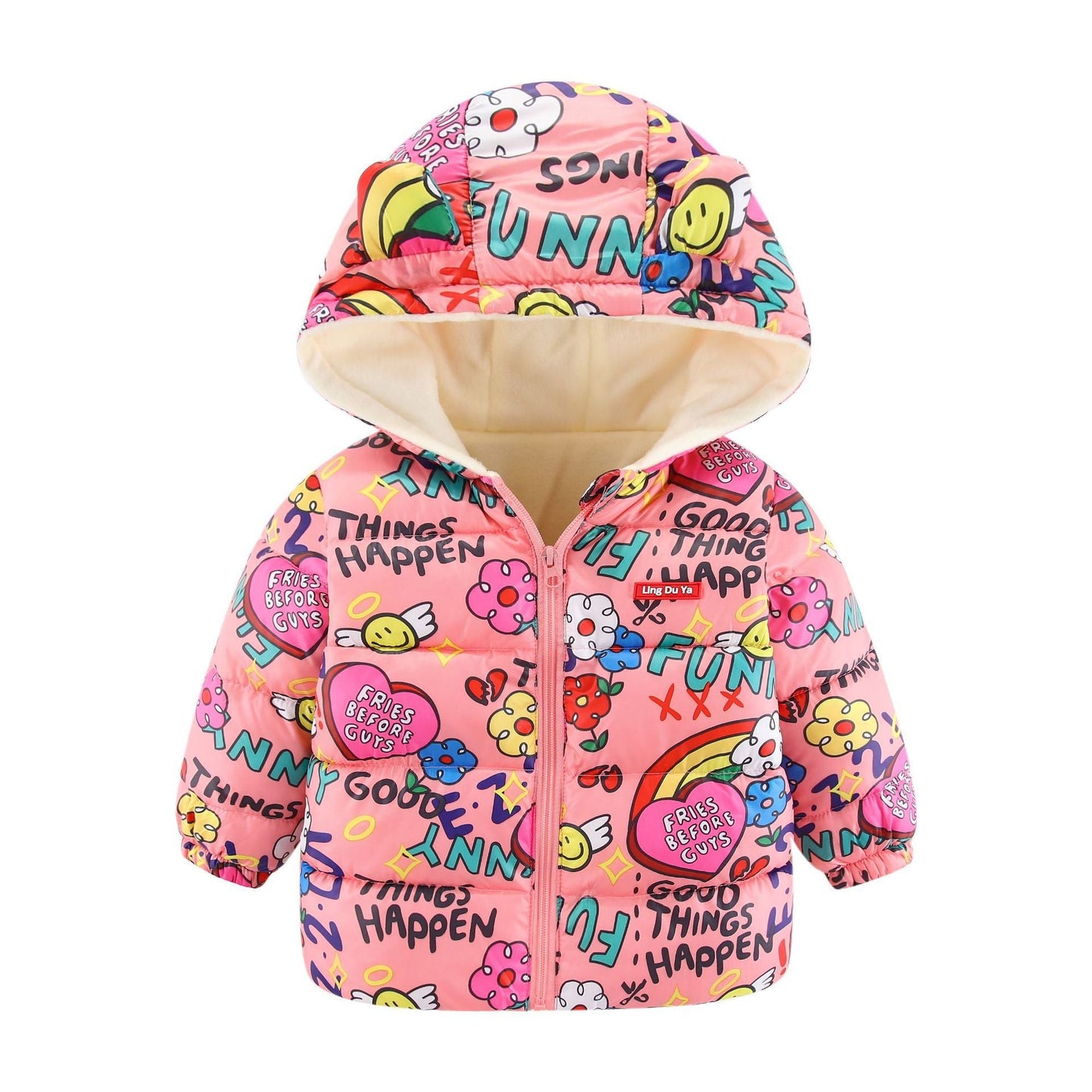 Yellow Kids' Space Toon parka jacket, side profile with hood up, active children's winter coat