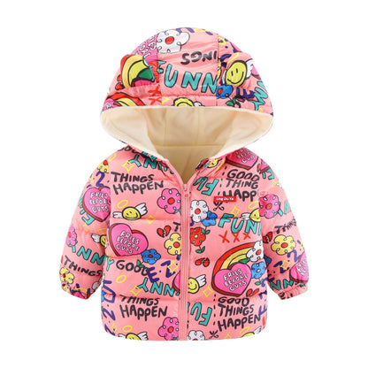 Yellow Kids' Space Toon parka jacket, side profile with hood up, active children's winter coat