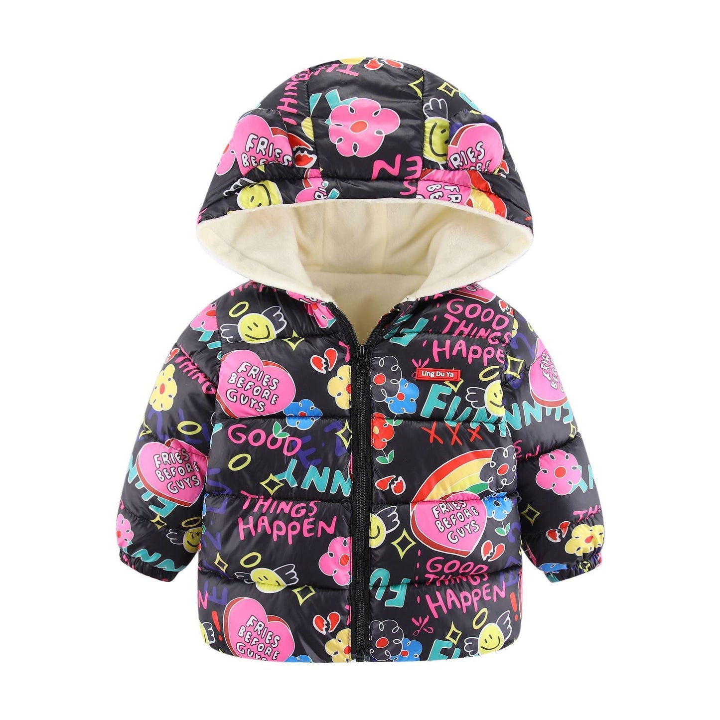 Red Kids' Space Toon hooded jacket, front zipped up, playful cartoons for a young child's outerwear