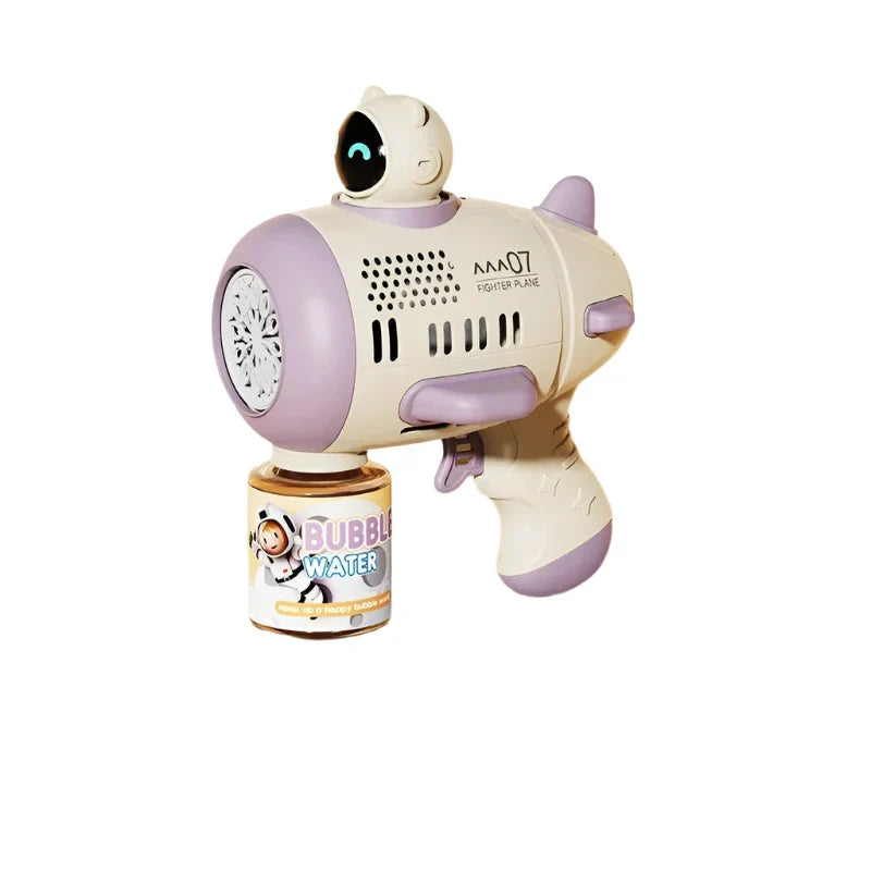 Spaceman Bubble Blaster Toy Gun in action, producing a stream of bubbles, great for backyard play