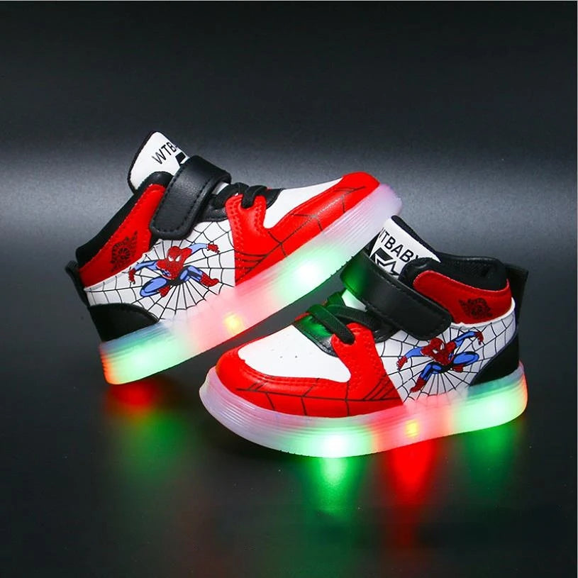 Kids' Spiderman light-up sneakers for boys and girls, featuring glowing soles and iconic web design.
