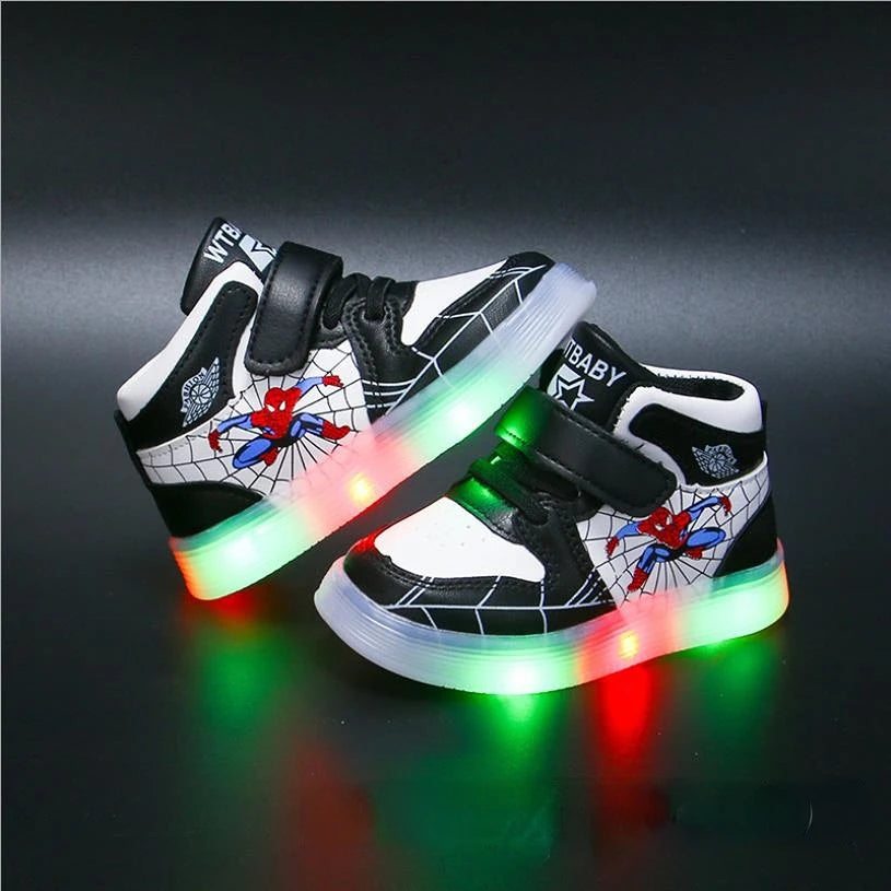Adventure-ready kids' Spiderman shoes with bright light-up soles, perfect for active play and superhero fans.