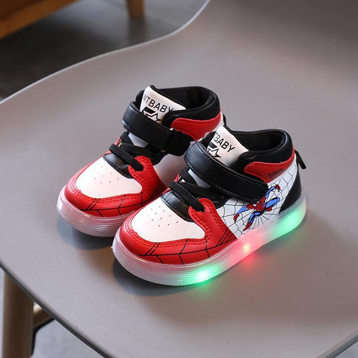 Red & blue Spiderman comic shoes for kids, with fun light-up soles, perfect superhero sneakers for active boys.