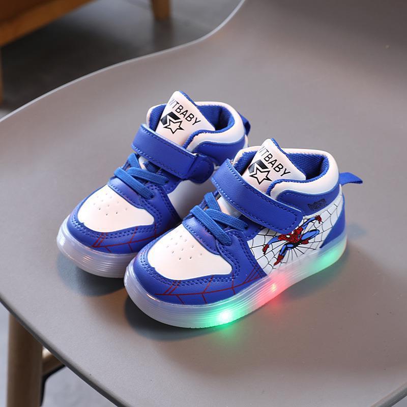 Children's Spiderman light-up adventure sneakers, vibrant superhero shoes with glowing soles for playful kids.