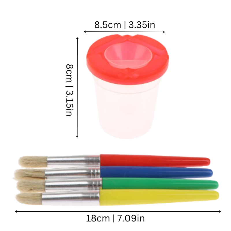 Toddler art set: spill-proof tempera paints and natural bristle brushes for preschool activities.