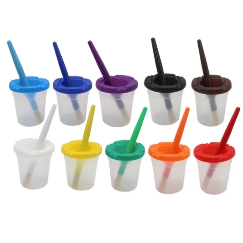Childrens crafts: Kids Spill-Proof Paint Set & natural bristle brushes, perfect for mess-free painting.