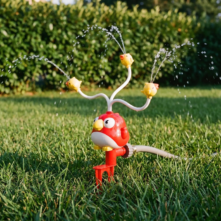 Children's active play spinning sprinkler for backyard water games & cooling on hot days.