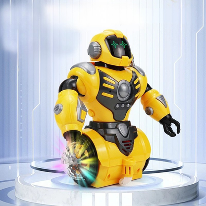 Kids' spinning robot toy with flashing lights & music, promoting interactive active play for children
