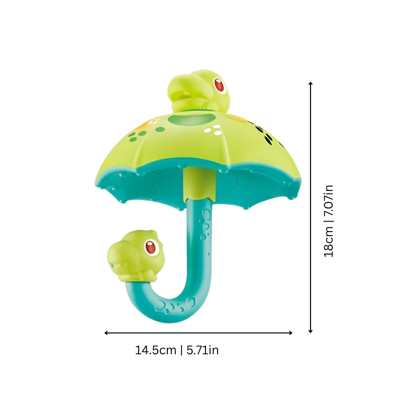 Toddler holding educational spinning umbrella bath toy, ideal for baby hands-on water fun and development