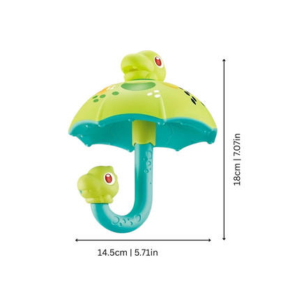 Toddler holding educational spinning umbrella bath toy, ideal for baby hands-on water fun and development