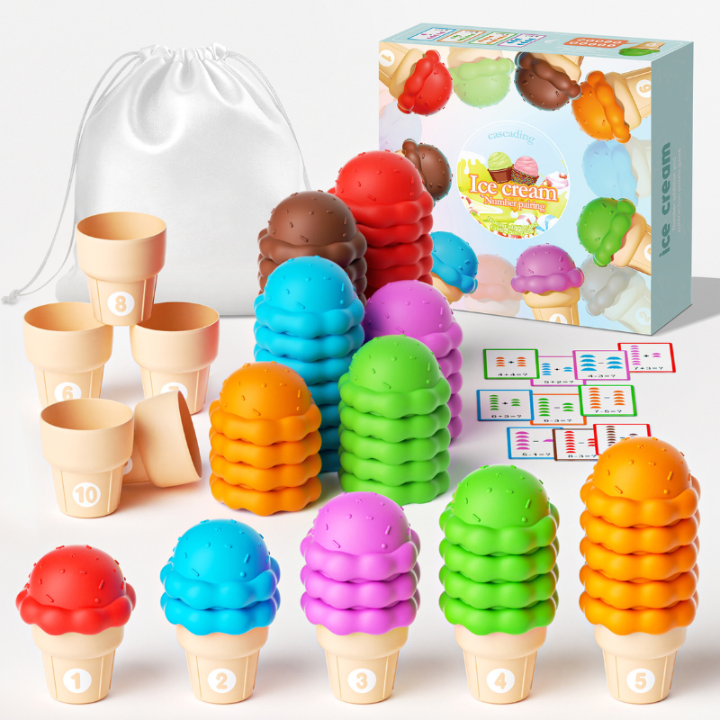 Kids stacking colorful ice cream scoops on a cone, enhancing fine motor skills & color recognition. Educational toy for toddlers.