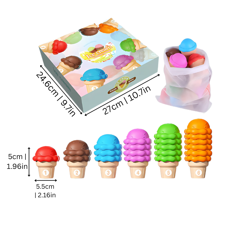 Preschooler playing with an educational ice cream stacking toy, learning numbers & practicing math skills through creative play.