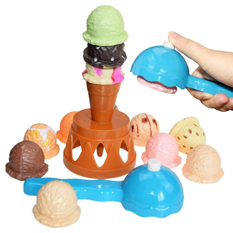 Kids stacking colorful plastic ice cream scoops & cones, building a tall creative tower, educational & fun.