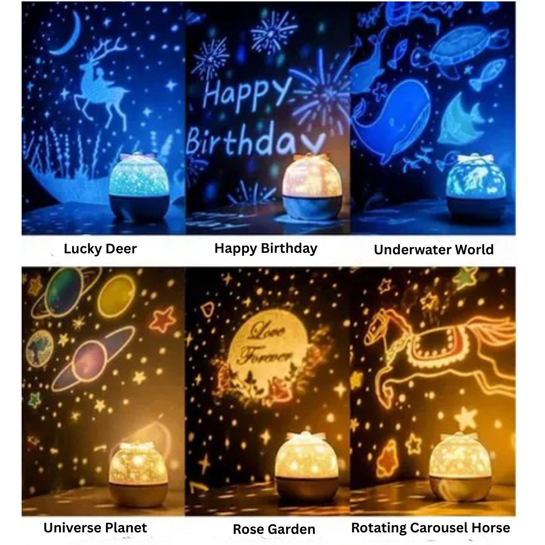 Round Starry Sky Night Light Projector, a compact kids' lamp illuminating a bedroom with constellations