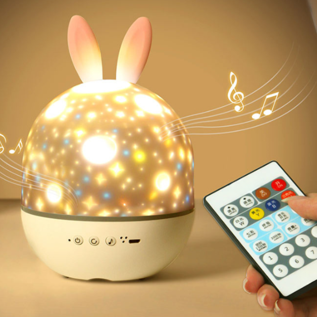 Children's Star Projector Lamp beaming colorful stars onto a nursery ceiling, creating a lullaby atmosphere