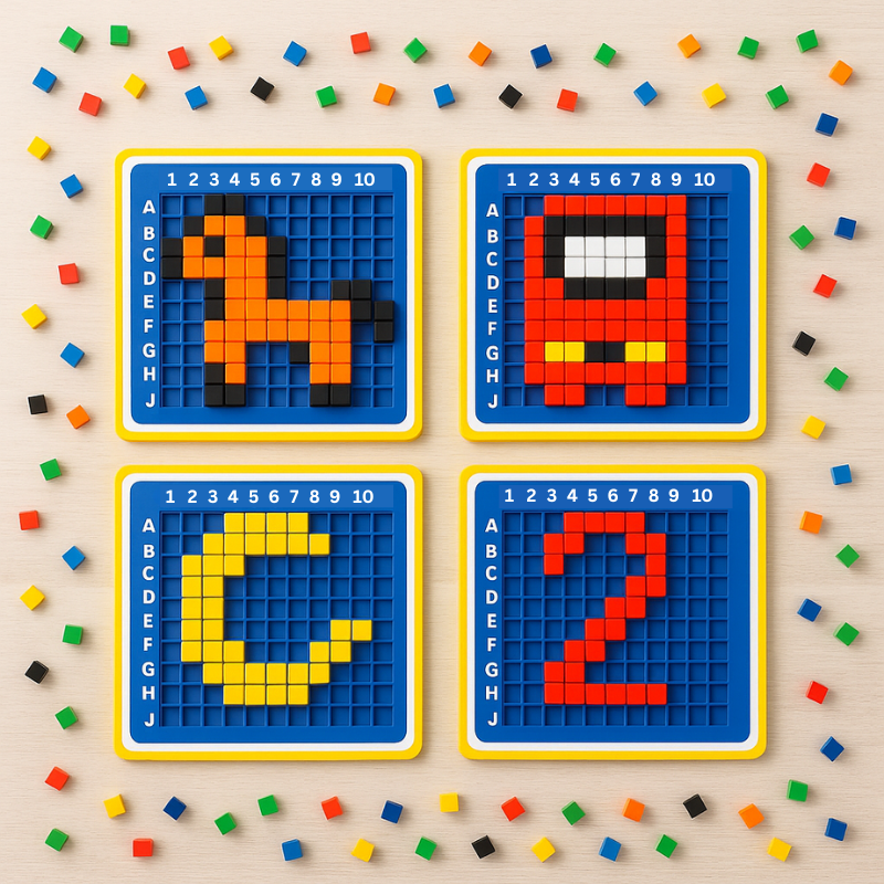 Kids STEM education pixel art board game featuring colorful pegs on a grid for creative learning and motor skills development.