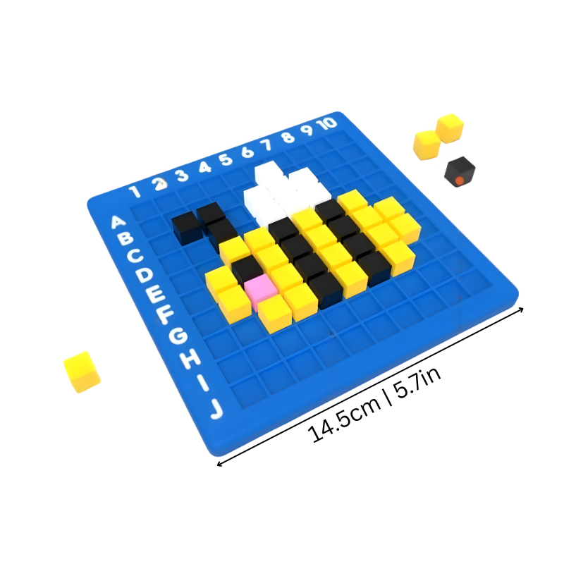 Children playing an educational pixel art logic game, arranging colored pegs to form patterns, enhancing STEM skills.