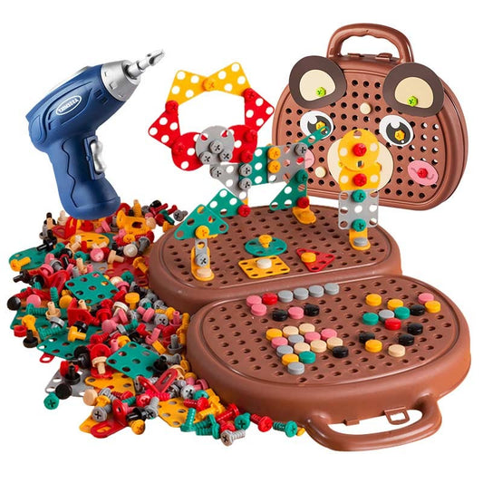 Kids' STEM educational drill building set with toy power drill, colorful bolts & construction pieces, promoting creative play.