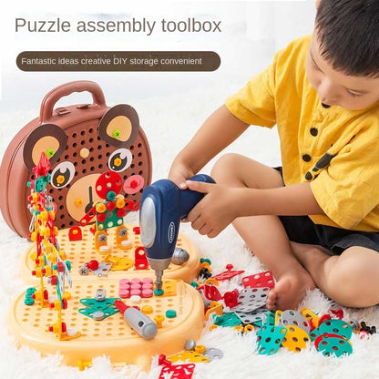 Children playing happily with a STEM drill building set, assembling various shapes, enhancing technical skills.