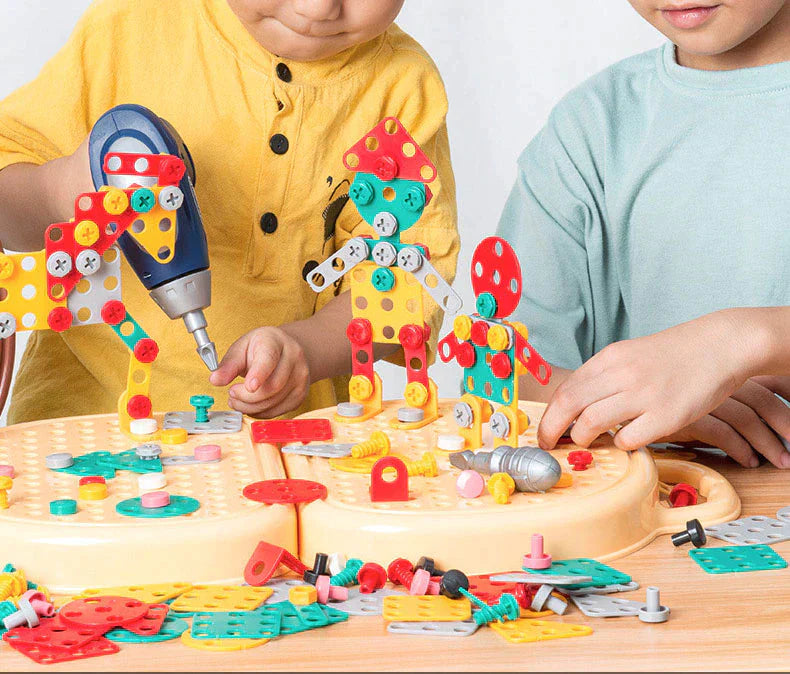 Brightly colored bolts and construction pieces from a kids' STEM drill set, ideal for learning and creative projects.