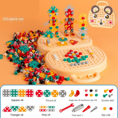 Various creations built with the STEM drill building set, showcasing the versatility and educational value of the toy.