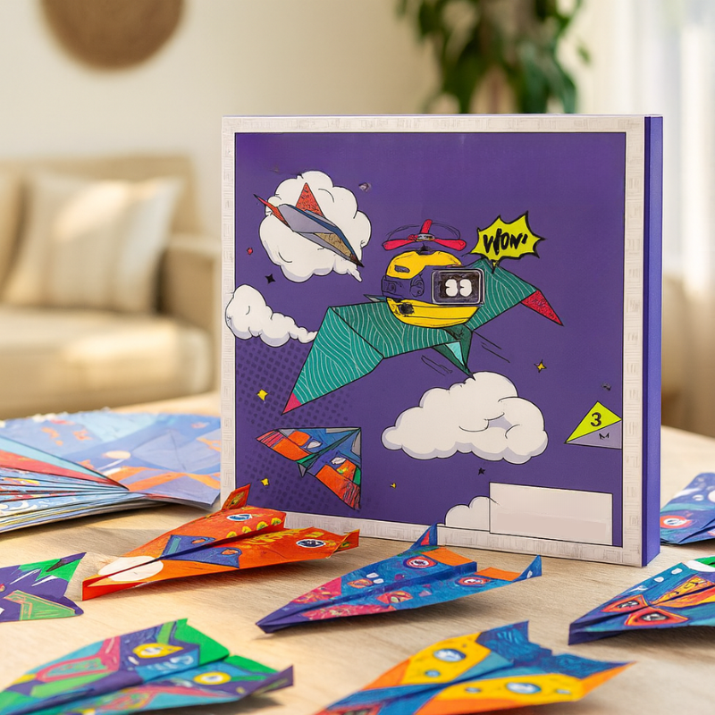 Kids' STEM educational paper airplane kit, colorful paper, instructions for active learning & aerodynamics.