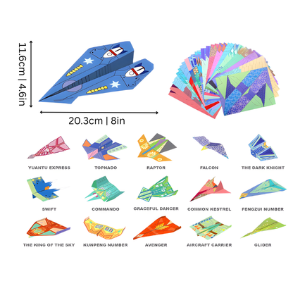 Creative gift for kids: Paper airplane activity kit with various designs, teaching aerodynamics and STEM skills.