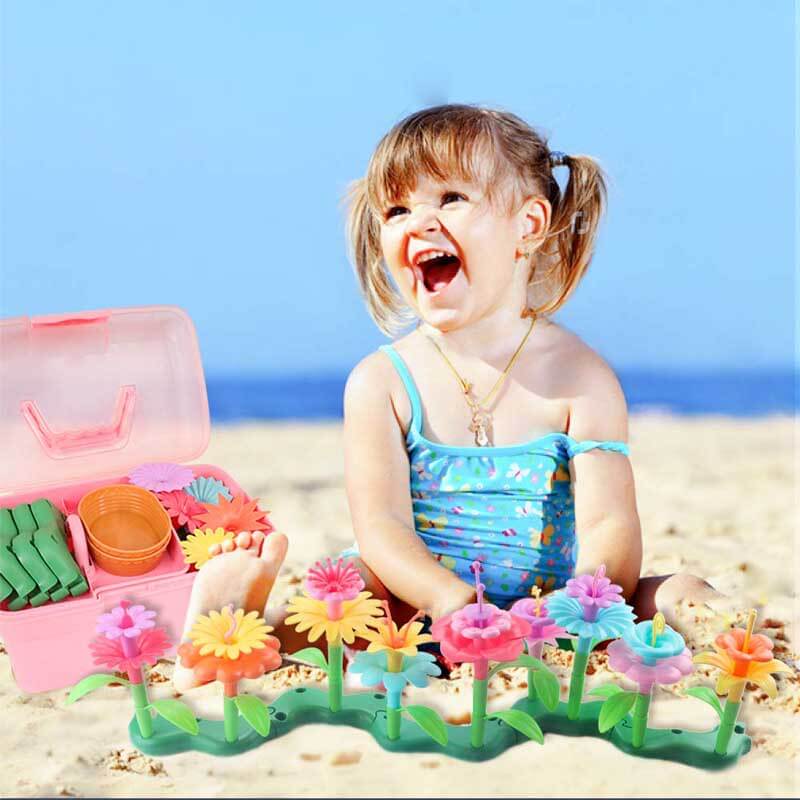 Brightly colored plastic flower components of a STEM creative building toy set