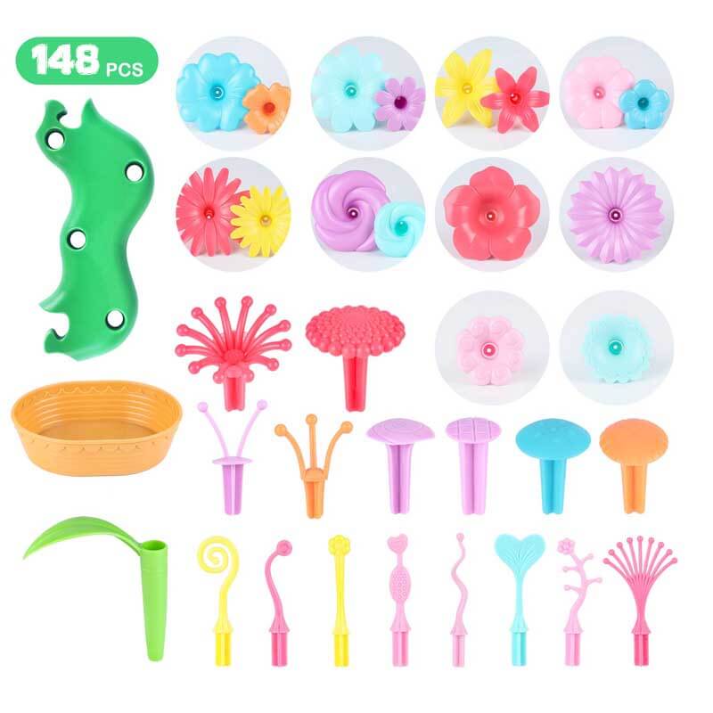 Child assembling a colorful flower structure using a STEM building blocks toy set