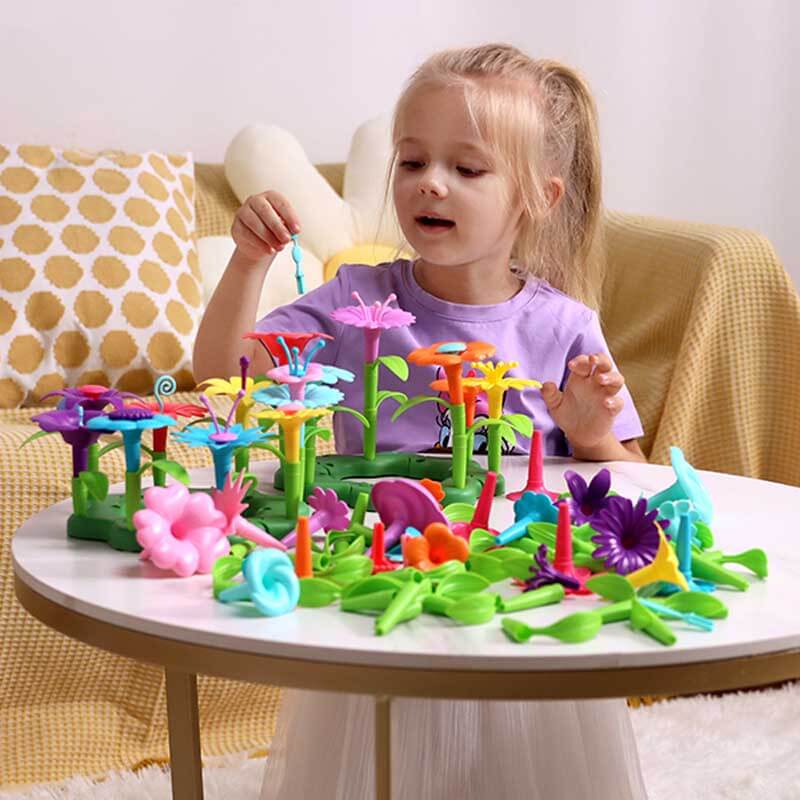 Close-up of interlocking flower pieces from a kids' creative STEM garden toy
