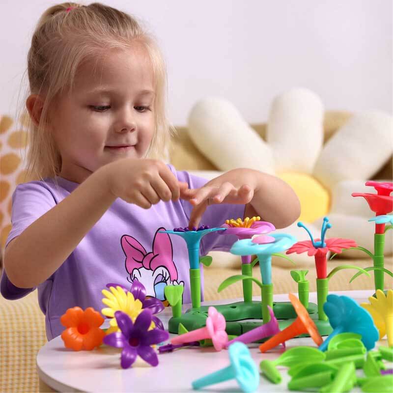 Assortment of bright building blocks for a children's STEM flower garden activity