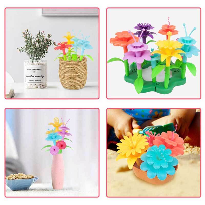 Kids' hands designing a unique flower garden with an educational STEM play set