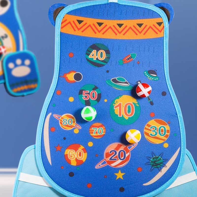 Educational kids' dart game set with soft sticky balls and toy bow for safe play