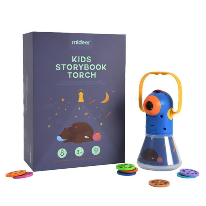 Children's storybook projector torch with multiple reels, functions as a night light
