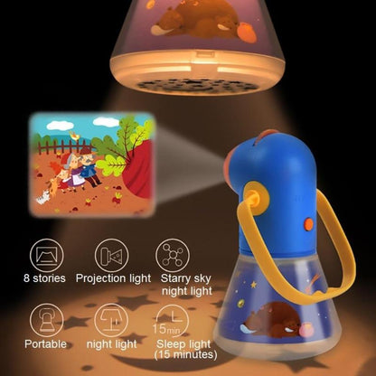 Toddler holding a fun storybook projector torch, inspiring imaginative learning