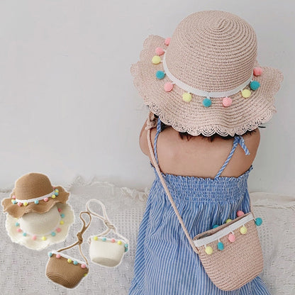 Kids straw sun hat and matching bag set, perfect for summer beach adventures and sun protection.