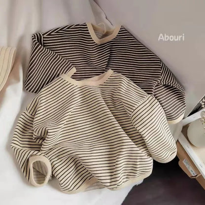 Close-up of kids' striped cotton blend sweatshirt fabric, soft and durable, fall fashion
