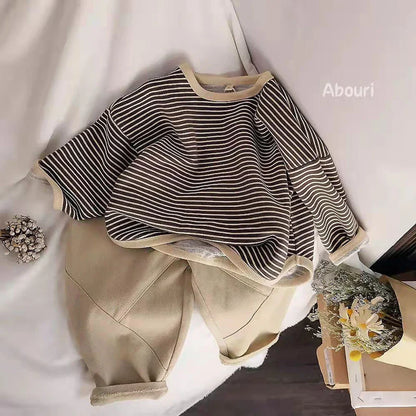 Flat lay of a striped cotton blend sweatshirt for kids, long sleeve, toddler clothes