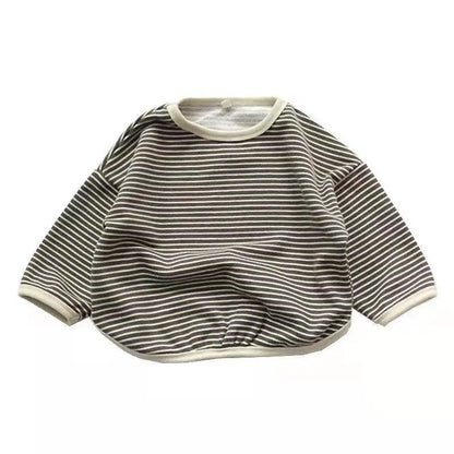 Back view of a kids' striped cotton blend sweatshirt, simple and stylish design