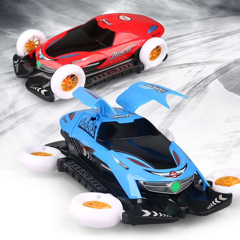 Kids' Stunt Racer RC Car with Lights & Flips, red and blue, performing a flip mid-air.