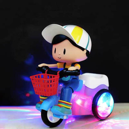 Kids stunt tricycle toy with musical lights and detachable action figure for interactive play