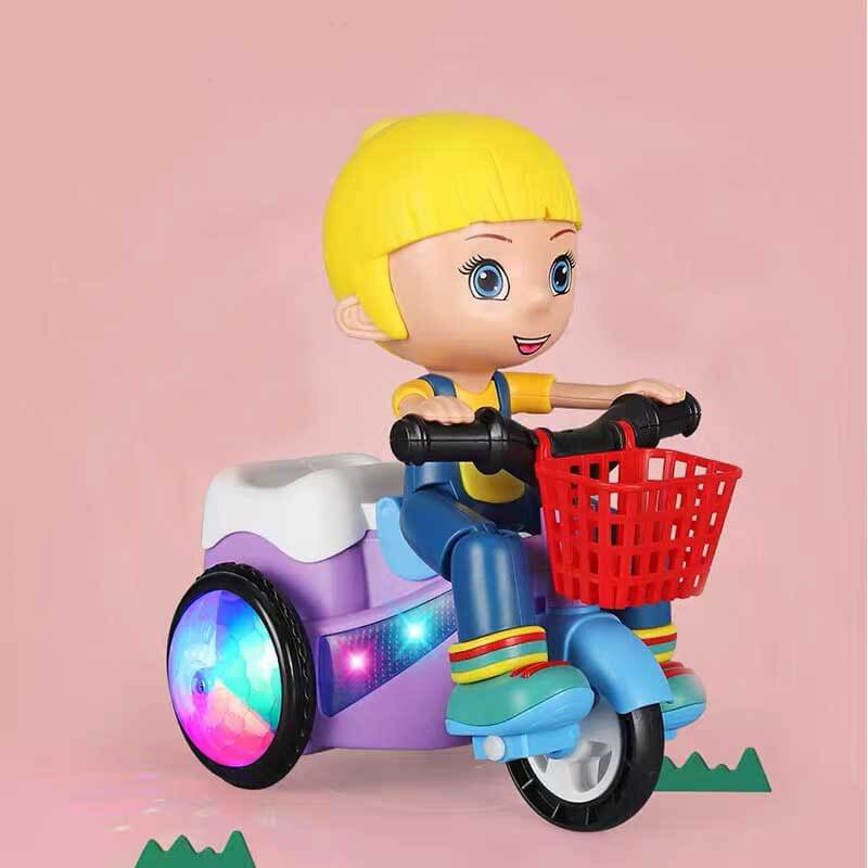 Bright red kids stunt tricycle musical toy featuring a removable action figure, engaging