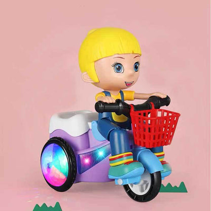 Bright red kids stunt tricycle musical toy featuring a removable action figure, engaging