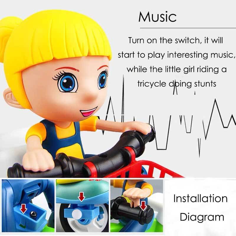 Interactive kids musical stunt tricycle toy, includes a cute detachable figure for imaginative fun